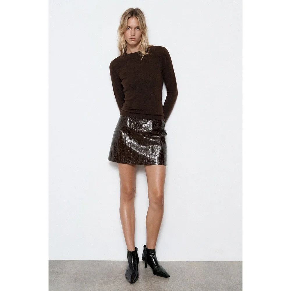 Zara Woman 100% Leather Croc Embossed Mini Skirt Dark Brown Size L NWT